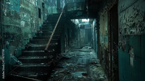 A dark hallway with a broken staircase and a broken door. The hallway is filled with debris and trash
