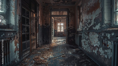 A dark  empty hallway with a door in the middle. The hallway is full of debris and has a very eerie atmosphere