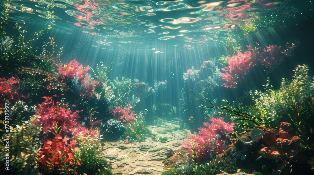 A beautiful underwater scene with a lot of colorful plants and fish