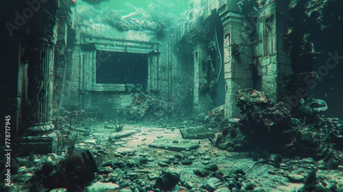 A dark  murky underwater scene with a sunken building in the background. The water is murky and the building is covered in debris