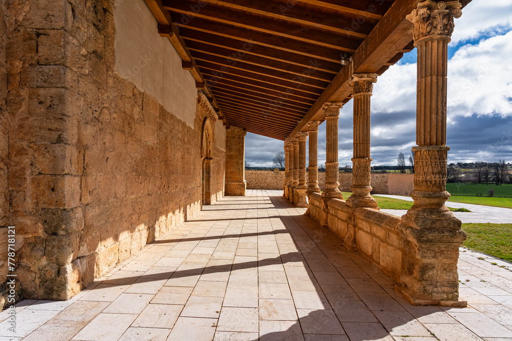 Arcades with medieval stone columns in an old church near Aranda de Duero, Spain