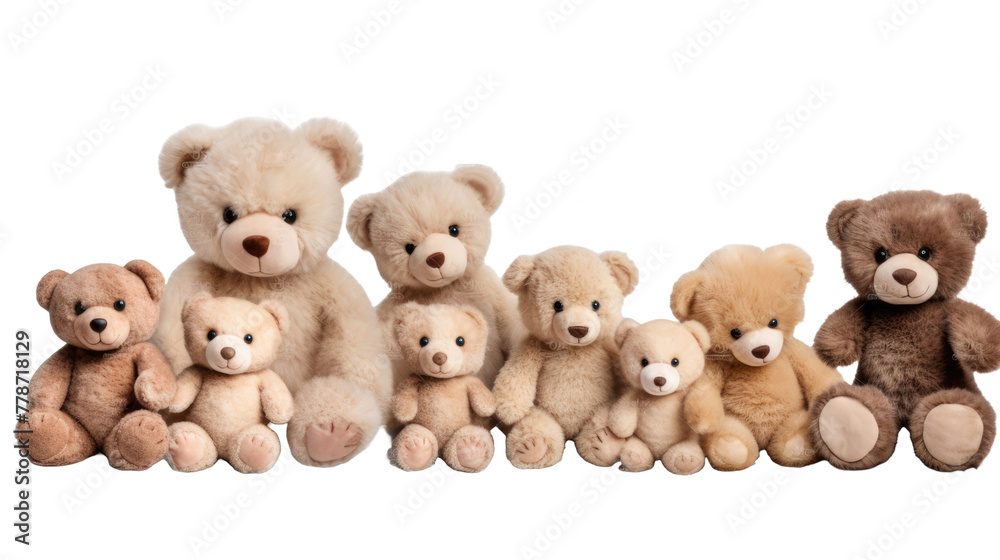 Set of fur plush stuffed teddy bear, beige, red, brown, grey on transparent background. Many assorted different design