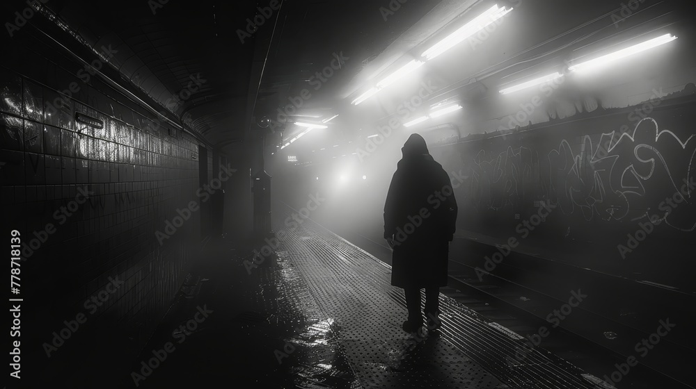 A man walks down a dark, wet, and foggy subway tunnel. The scene is eerie and unsettling, with the man's silhouette standing out against the dimly lit background. The atmosphere is tense
