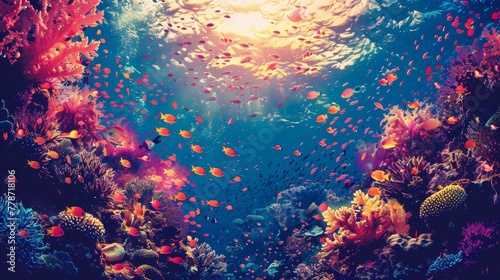 A colorful underwater scene with many fish swimming around. The fish are of various sizes and colors, and they are scattered throughout the scene. The water appears to be clear and calm