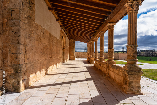 Arcades with medieval stone columns in an old church near Aranda de Duero  Spain