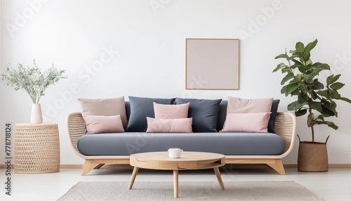 Stylish living room interior with design sofa coffee table houseplant and elegant accessories