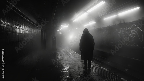 A man walks down a dark  wet  and foggy subway tunnel. The scene is eerie and unsettling  with the man s silhouette standing out against the dimly lit background. The atmosphere is tense