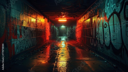 A dark, narrow tunnel with graffiti on the walls. The tunnel is lit up with red lights