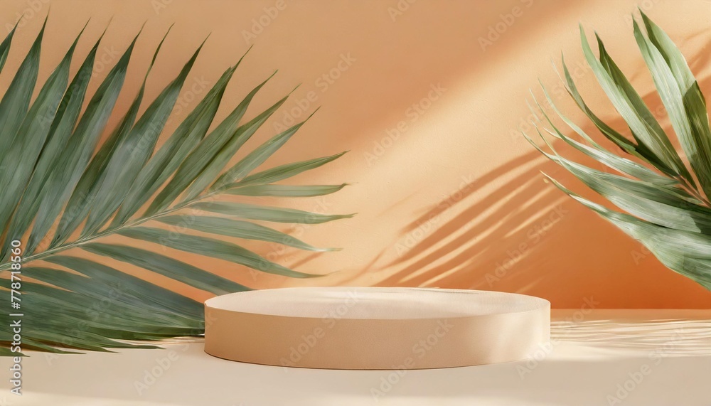 minimal tropical podium with orange beige background and ngreen garden exposition an empty summer background for product display a scene for presentation of products as cosmetics or accessories