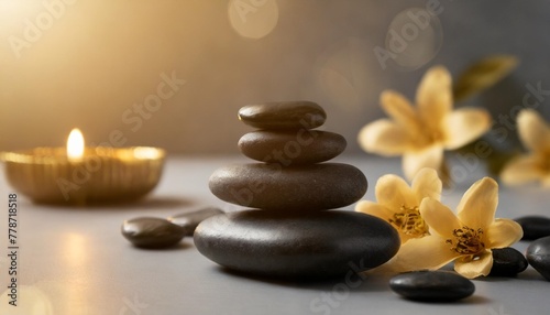 black spa stones on the gray table background