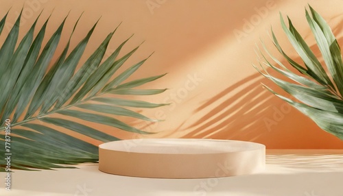 minimal tropical podium with orange beige background and ngreen garden exposition an empty summer background for product display a scene for presentation of products as cosmetics or accessories photo