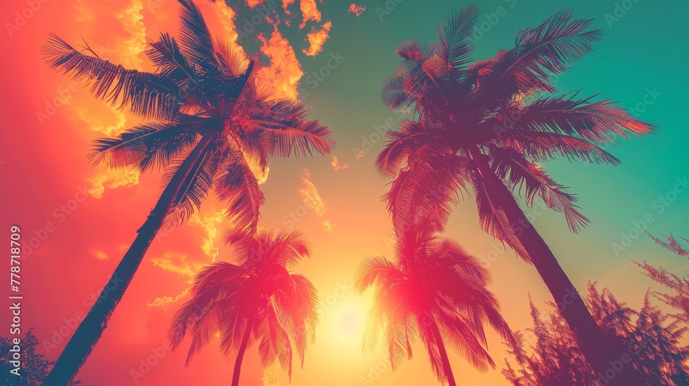 A tropical scene with three palm trees and a sun in the sky. The sun is setting, creating a warm and relaxing atmosphere