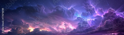 Stormy skies filled with purple thunder and flashes of glowing light photo
