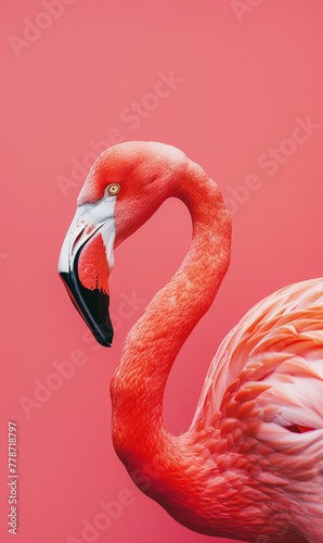 Close-up of a pink flamingo with detailed feathers and a serene expression.