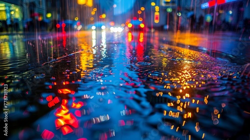A rainy city street with cars and people walking. The water on the street is reflecting the lights from the cars and the street lamps. Scene is calm and peaceful, despite the rain © Sodapeaw