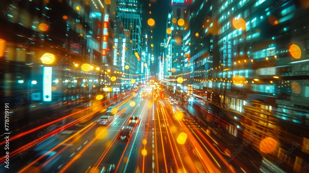 A blurry city street with cars and buildings in the background. The street is lit up with bright lights, creating a sense of movement and energy