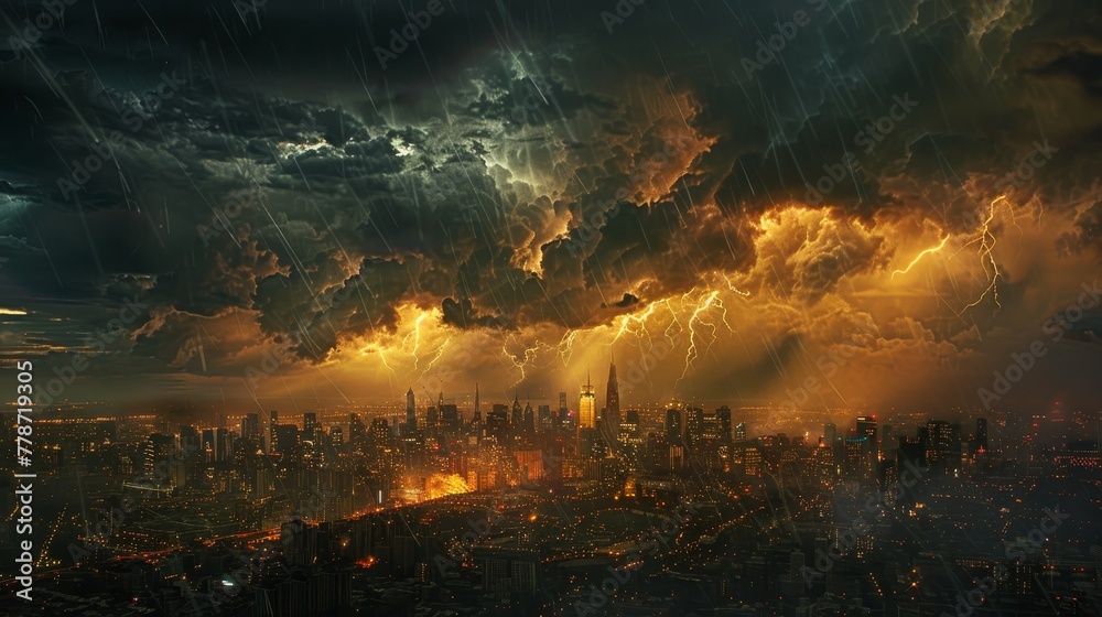 Fototapeta premium A city skyline is lit up by the light of the city and the sky is filled with lightning