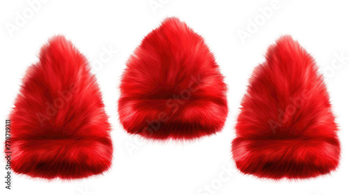 Set of red furry christmas xmas santa claus hat on transparent background.
