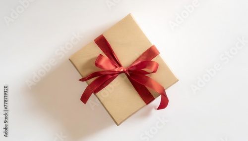 gift box tied with red ribbon isolated on white background image seen in the center and top