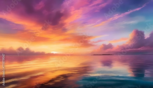 anime styled breathtaking sunset over a calm ocean with hues of orange pink and purple painting the sky © Lucia