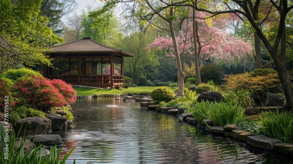A pond with a small house in the middle of it. The pond is surrounded by trees and bushes A pond with a small house in the middle of it. The pond is surrounded by trees and bushes