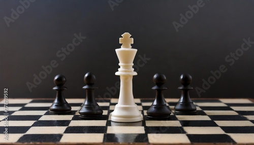 white king alone against black figures chess board
