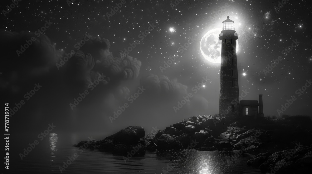 A lighthouse is lit up in the night sky with a full moon in the background. The scene is serene and peaceful, with the lighthouse standing tall on a rocky shore