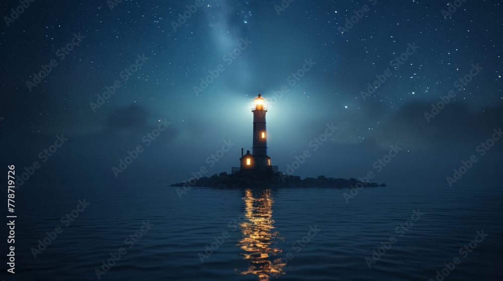 A lighthouse is lit up in the dark night sky. The water is calm and the lighthouse is the only light source. The scene is peaceful and serene