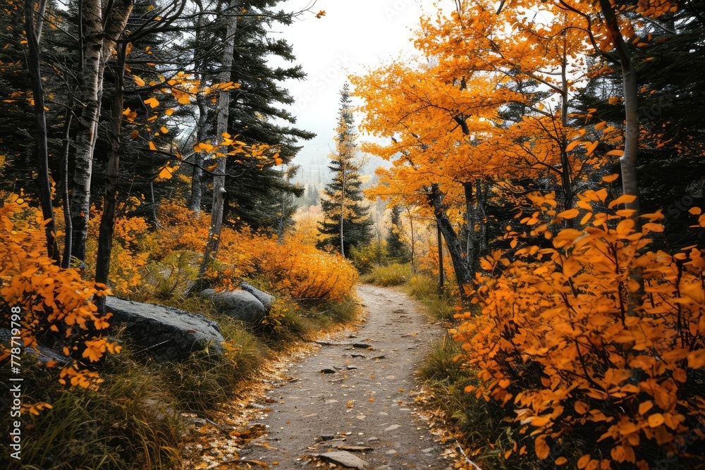 Obraz premium An autumn forest,, A scenic hiking trail winding through an autumn forest, AI generated