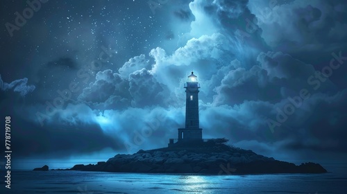 A lighthouse is on a rocky island in the middle of the ocean. The sky is cloudy and the water is calm