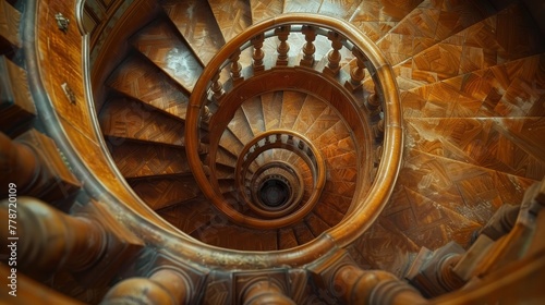A spiral staircase made of wood with a spiral design. The staircase is very old and has a rustic feel to it