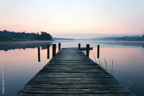 Dawn Senary, A serene lakeside dock at dawn, lit by the soft hues of sunrise, AI generated © Tanu