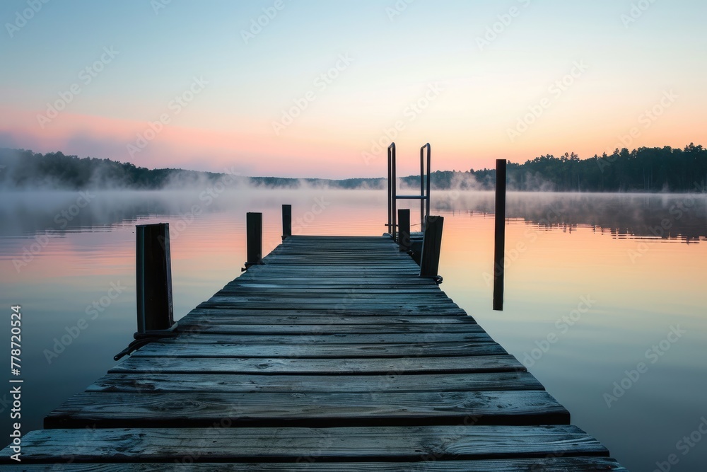 Dawn Senary, A serene lakeside dock at dawn, lit by the soft hues of sunrise, AI generated