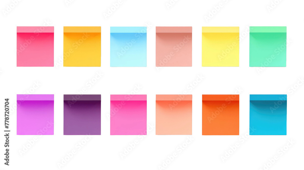 Shaded sticky post-it note paper with shadow . Many assorted different colours isolated on transparent background