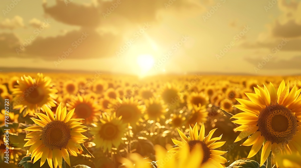 A field of sunflowers stretching towards the horizon under a golden sun