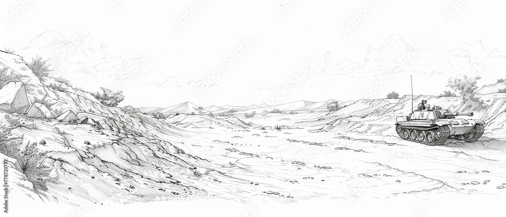Fototapeta premium A kids coloring book page featuring a fictional military sand table, inviting young minds to explore strategic landscapes, 