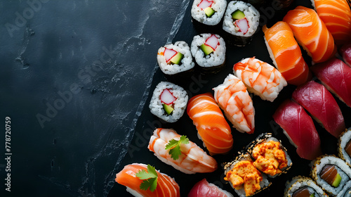 Frame of a bright sushi set of rolls on a black background with space for text. Concept banner template for advertising restaurants, Asian cuisine and menus.