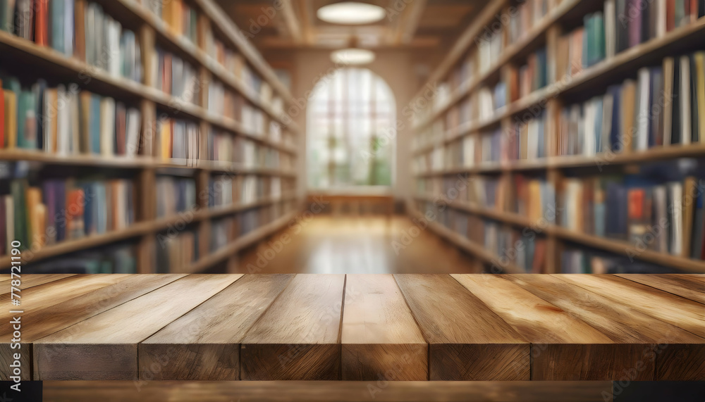 Empty wooden table surfaced against blurred book library background 
