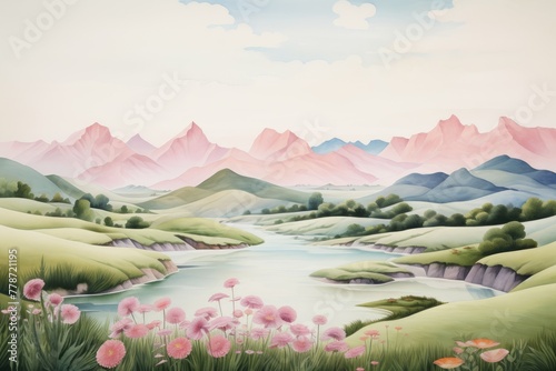 A soft watercolor landscape of rolling hills and lakes  AI-generated