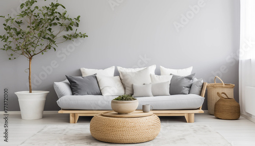 Stylish living room interior with gray sofa pillows coffee table and decorative potted plant in white pot next to it