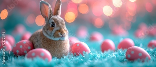 a close up of a bunny sitting in a field of eggs with a blurry background of pink and blue eggs. © Mikus