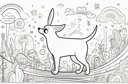 Coloring page with cute puppy. Black and white illustration..