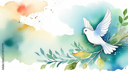Watercolor illustration of white Dove of Peace and olive tree twig on pastel blue sky background