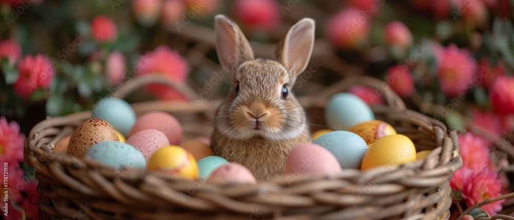 a small rabbit sitting in a basket with eggs in it's lap and a bunch of flowers in the background. a small rabbit sitting in a basket with eggs in it's lap and a bunch of flowers in the background.