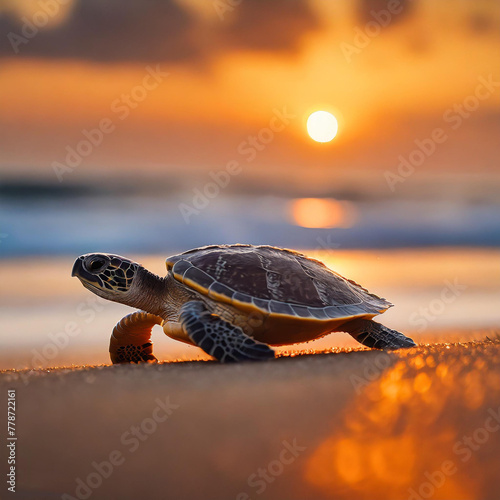 Baby sea turtle going to the water