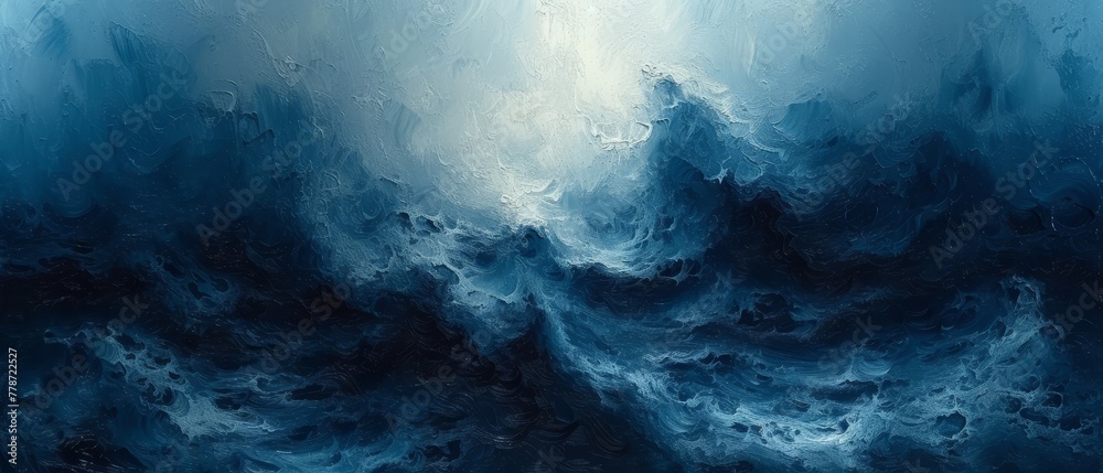 a painting of a blue and white wave with a light shining through the top of the wave and the bottom of the wave to the bottom of the wave.