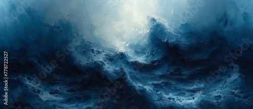a painting of a blue and white wave with a light shining through the top of the wave and the bottom of the wave to the bottom of the wave. photo
