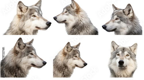 Wolf, many angles and view portrait side back head shot isolated on transparent background