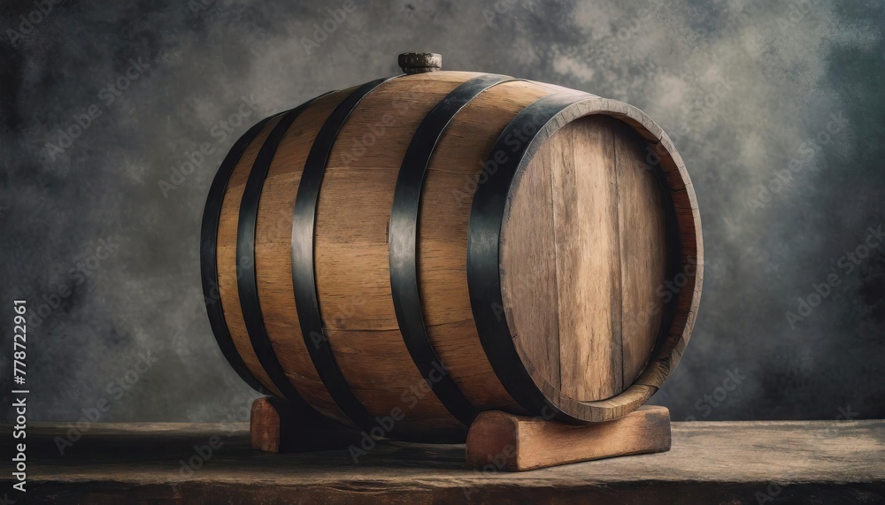 Wooden barrel on a table and textured background 