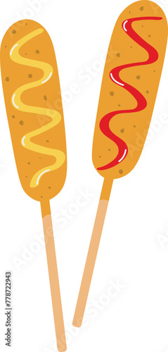 Set of corn dogs, sausage in dough on a stick with sauces, fast food concept, street food, corn dog vector clipart